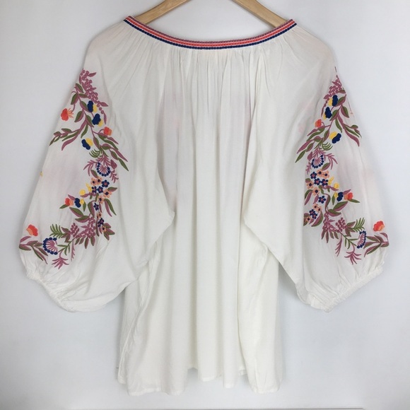 Solitaire Anthropologie Embroidered Peasant Floral Top White Pink Women’s Sz XL - Picture 9 of 13